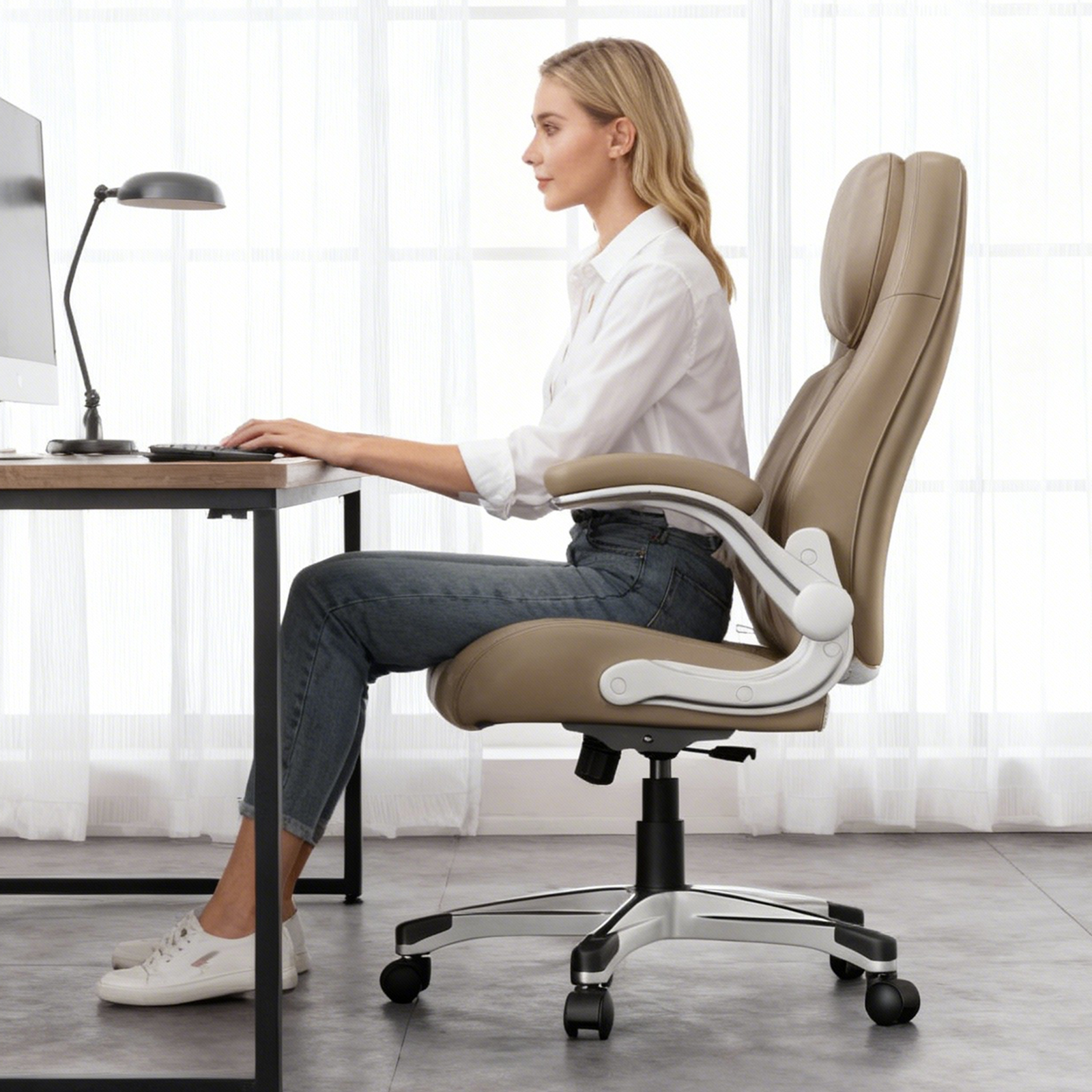 Nouhaus Office Ergonomic Desk High Back Executive Chair with Pop-Out Lumbar Support, Adjustable Headrest, Flip-Up Arms, Leather Home with Thick Cushion for Comfort - Taupe