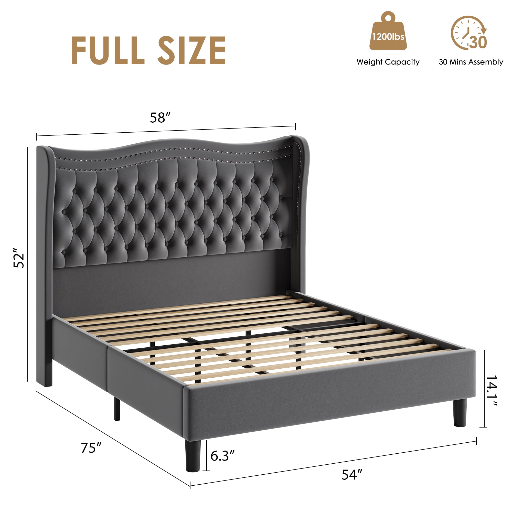 BSHTI Full Size Upholstered Bed Frame with Wingback Headboard – Velvet Diamond Tufting & Double Nail Trim, No Box Spring Needed, Gray