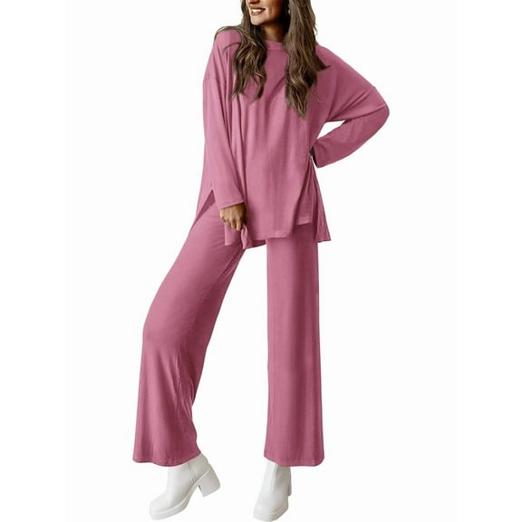 Women'S Two Piece Lounge Sets Matching Long Sleeve Shirts Wide Leg Pants Tracksuits Fall Clothes Pink M