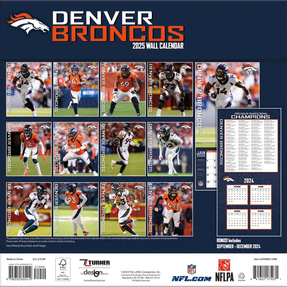 2025 12X12 TEAM WALL CALENDAR, DENVER BRONCOS