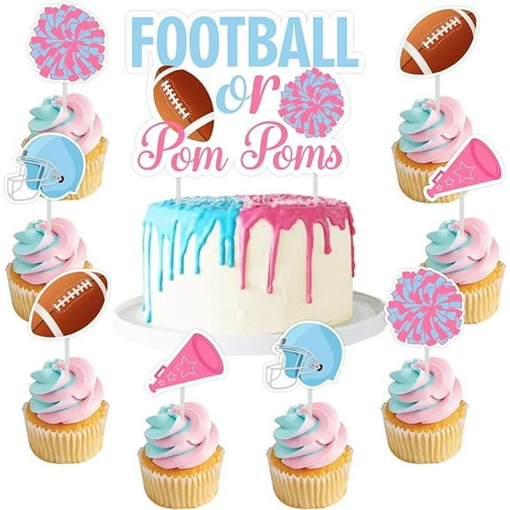 Football Gender Reveal Decorations, 25PCS Football or Pom Poms Cake Topper Cupcake Toppers, Gender Reveal Party Supplies for Boy or Girl