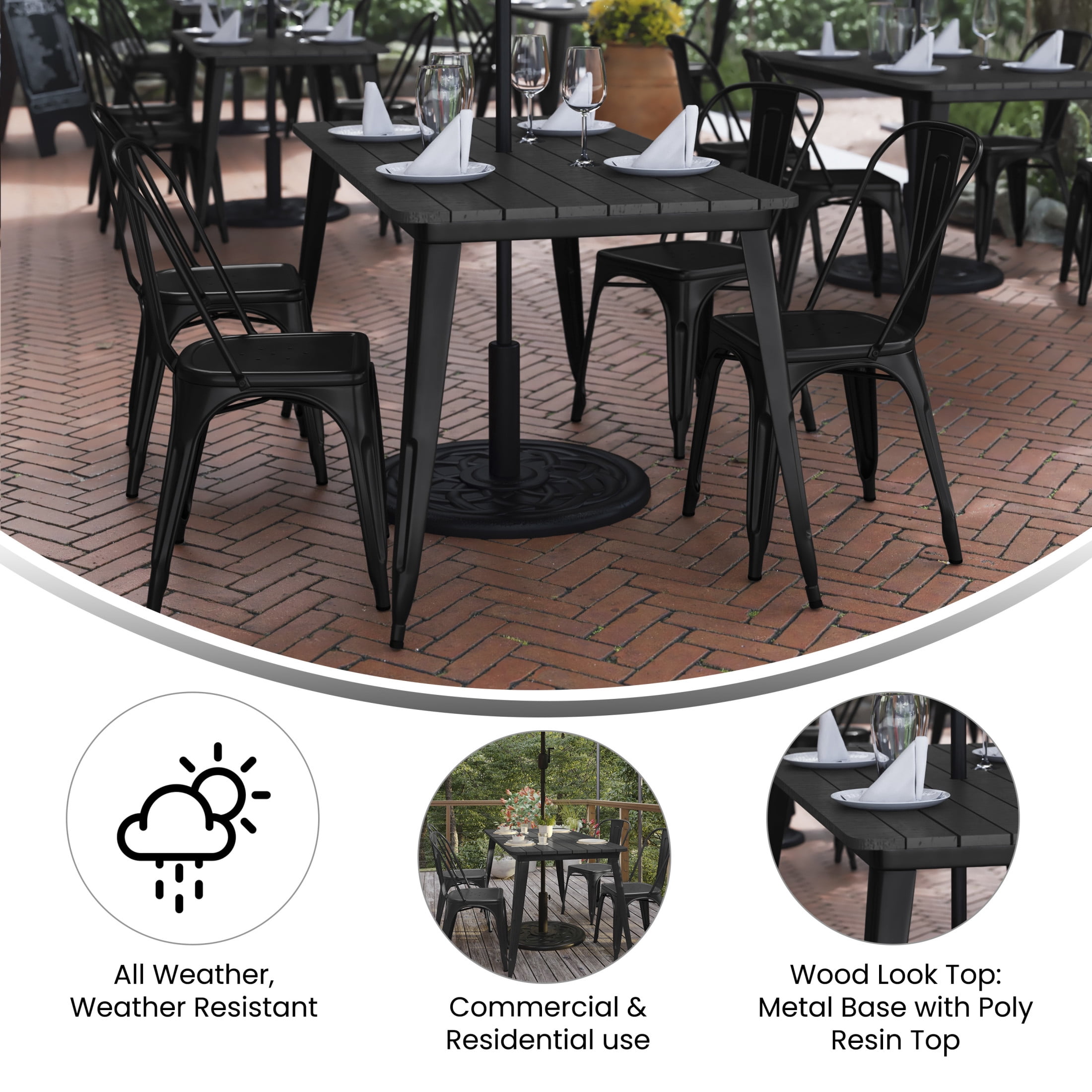 Flash Furniture Declan Commercial Indoor/Outdoor Dining Table with Umbrella Hole, 30" x 60" All Weather Black Poly Resin Top and Black Steel Base