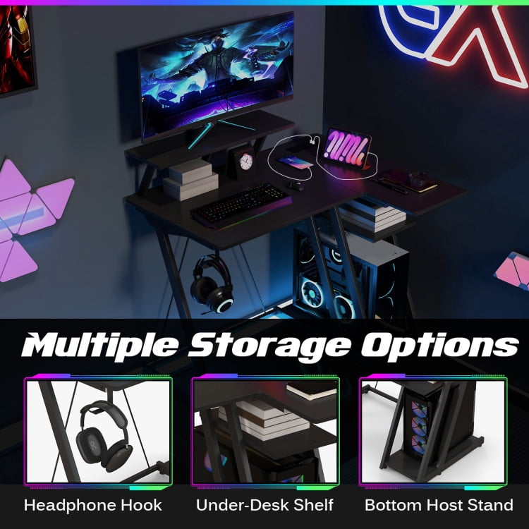 Resenkos L Shaped Gaming Desk with Outlets and USB Ports-Black, Home Office Desks, Gaming Computer Desks for Study,Working,Writing