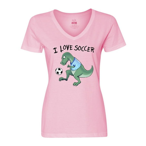 Inktastic I Love Soccer-Dinosaur in Blue Women's V-Neck T-Shirt