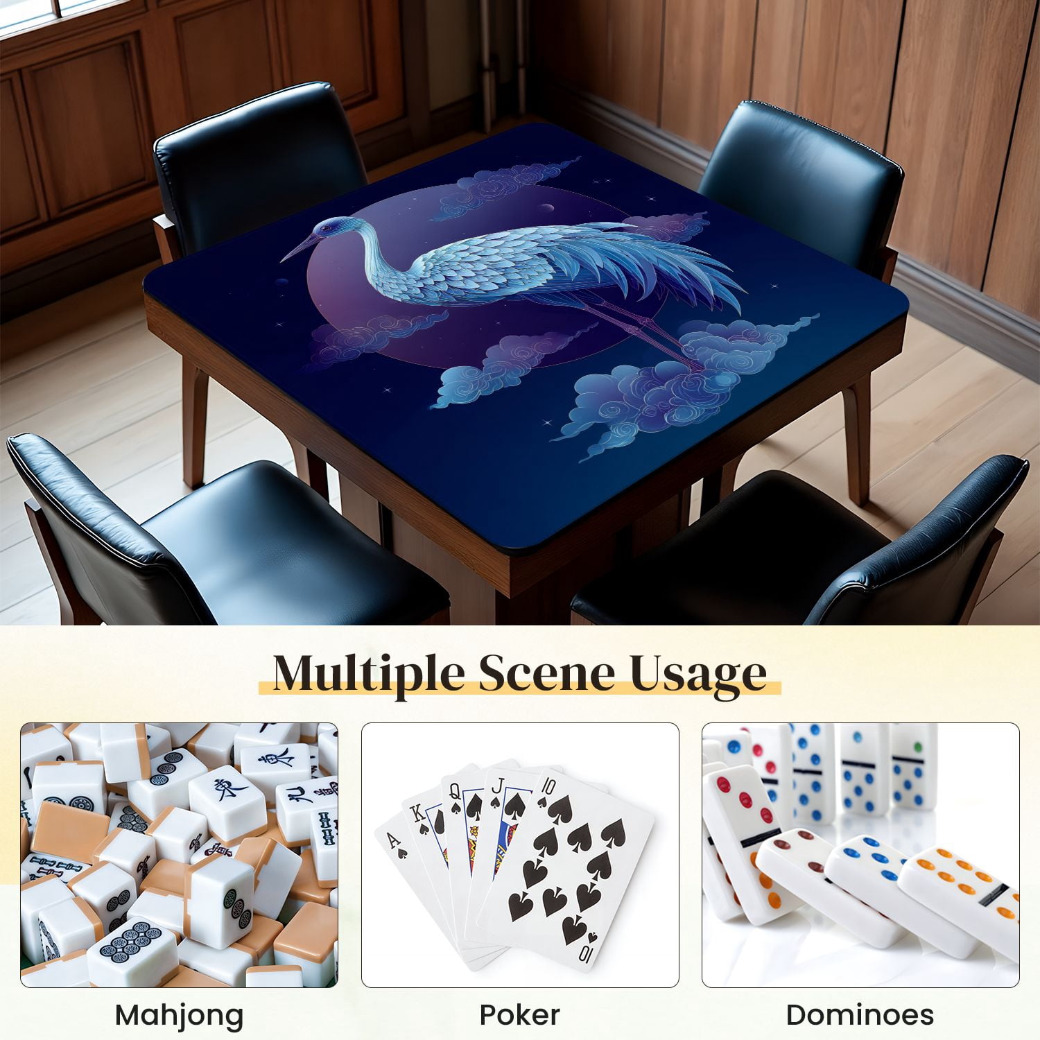 Chinoiserie Mahjong Mat 31.5" x 31.5" Blue Sky Crane Flat Non-Slip Noise Reduction Mahjong Tiles Table Cover for Dominoes Poker Card Board and Tile Games