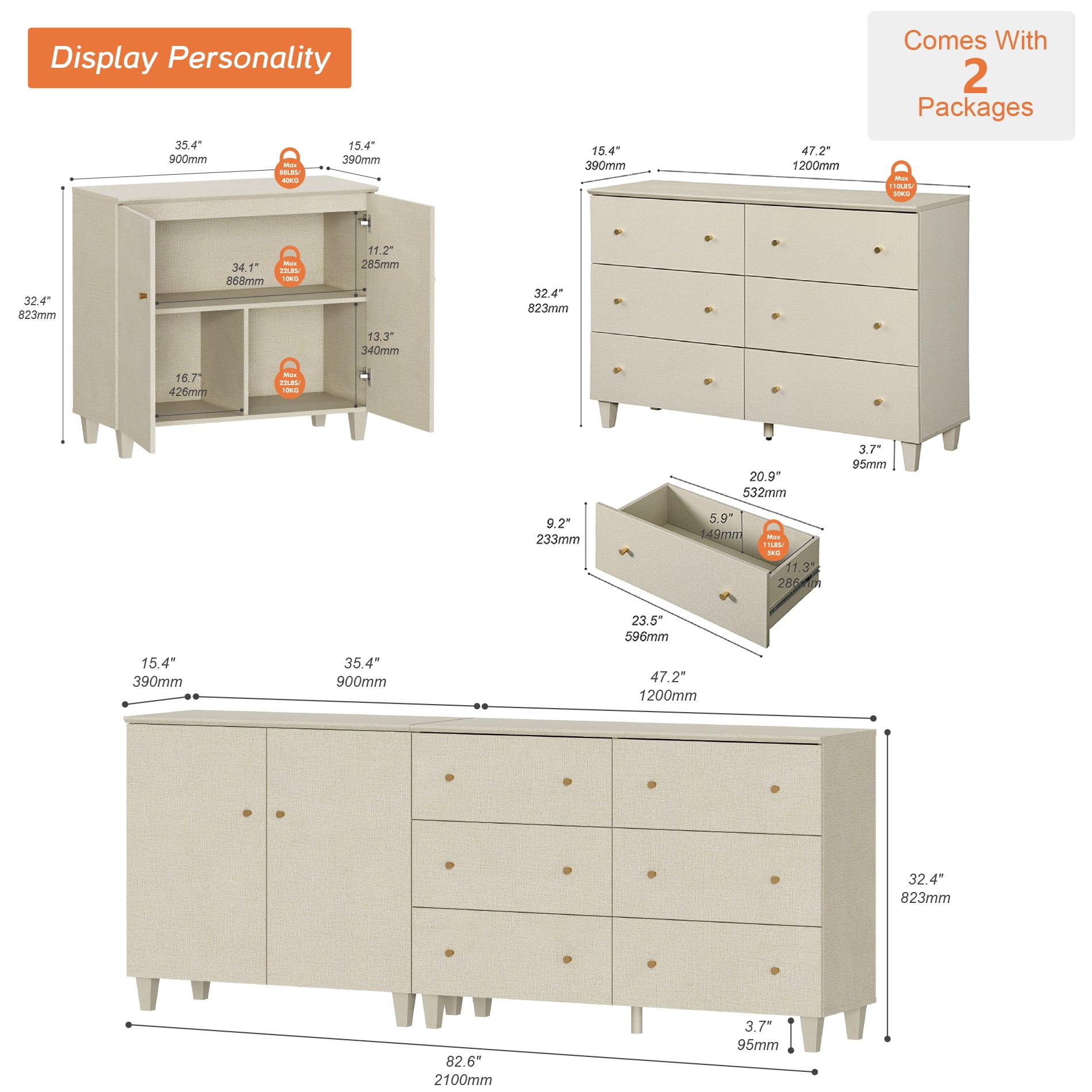 WAMPAT Wide TV Stand for 85+ Inches TVs, 2-in-1 Modern Wooden Media Console with 6 Spacious Drawers and 1 Storage Cabinet for Living Room, Beige