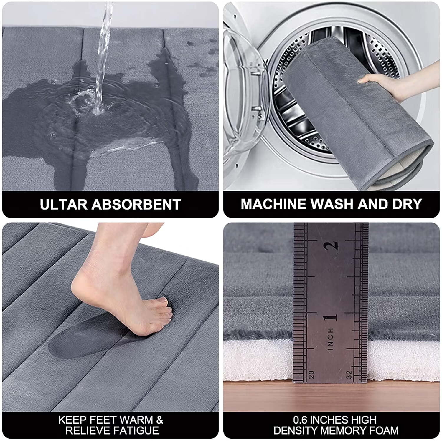 ZOUYUE Memory Foam Bath Mat Rug, 24" x 16", Ultra Soft and Non-Slip Bathroom Rugs, Water Absorbent and Machine Washable Bath Rug for Bathroom, Shower, and Tub, Dark Grey