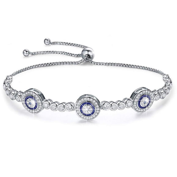 Kaletine Blue Evil Eyes Tennis Bracelet Nazar Amulet Sterling Silver Cubic Zirconia Chain Length Adjustable 4"-10" (Rhodium)