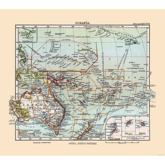 Historic Map - Oceania - Perthes 1921 - Vintage Wall Art