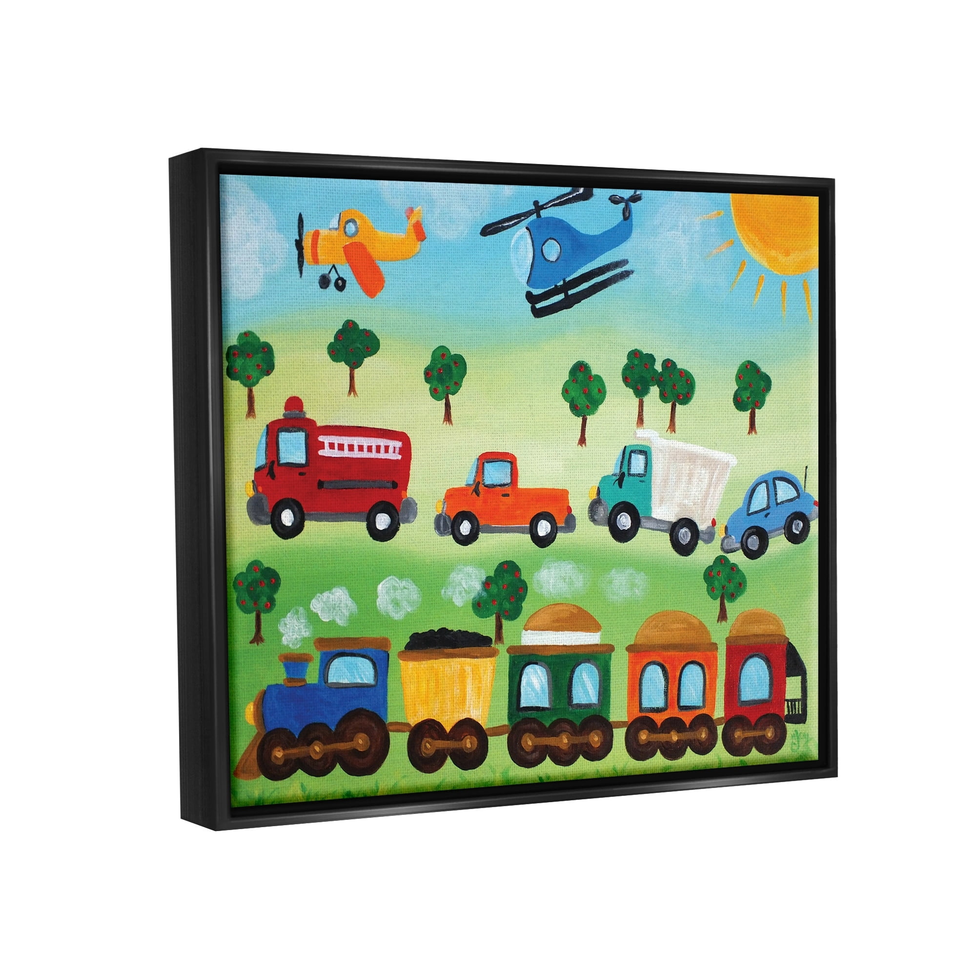 The Kids Room by Stupell Planes, Trains, and Automobiles Jet Black Framed Floating Canvas Wall Art, 24x30, by nJoyArt