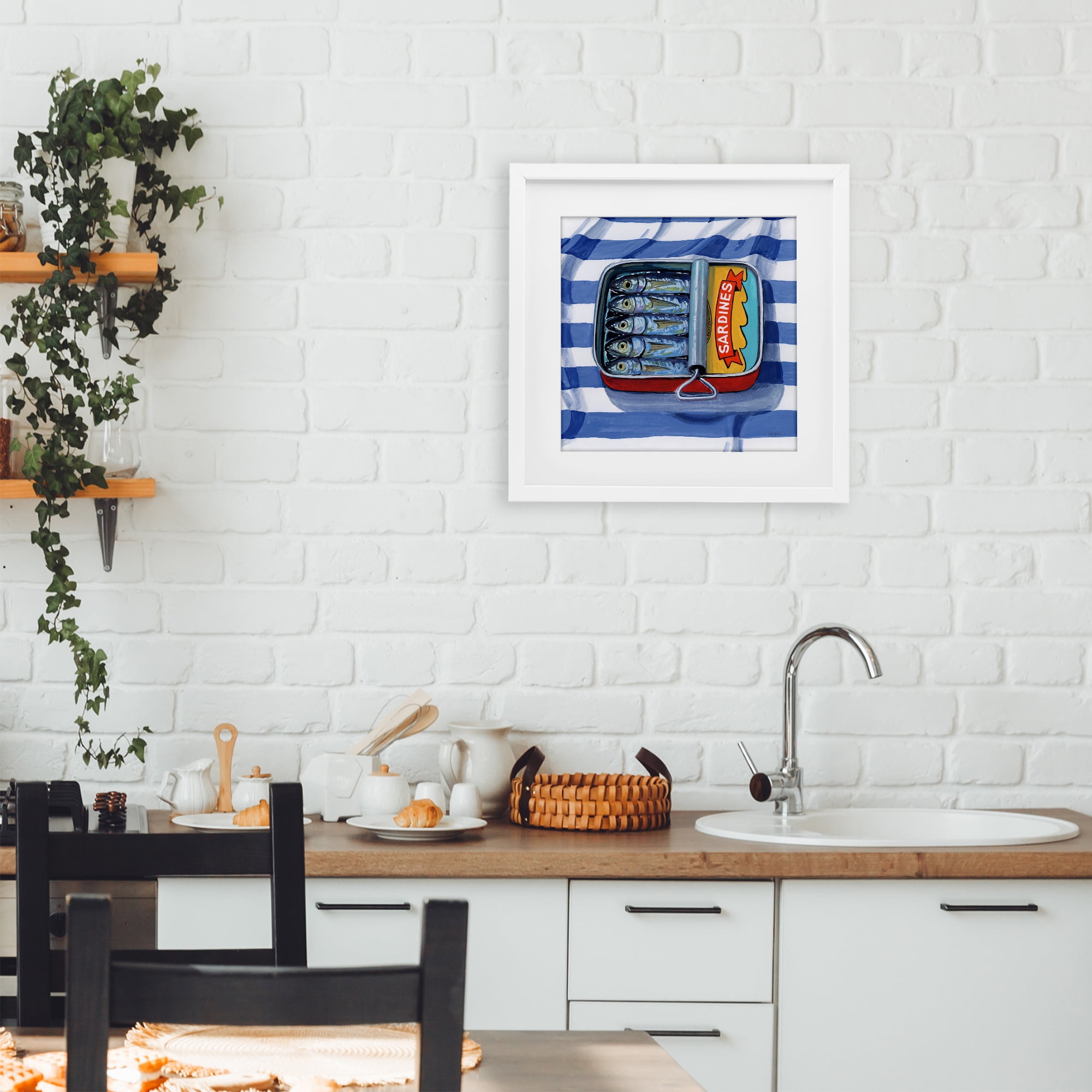 Stupell Industries Sardines On Striped Cloth White Framed Print Under Glass, design by Kate Jarvik Birch