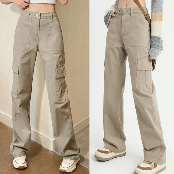 Wide Leg Pants Woman Daily High Waisted Y2K Loose Cargo Jeans Pockets Khaki Running Lounge Pant L