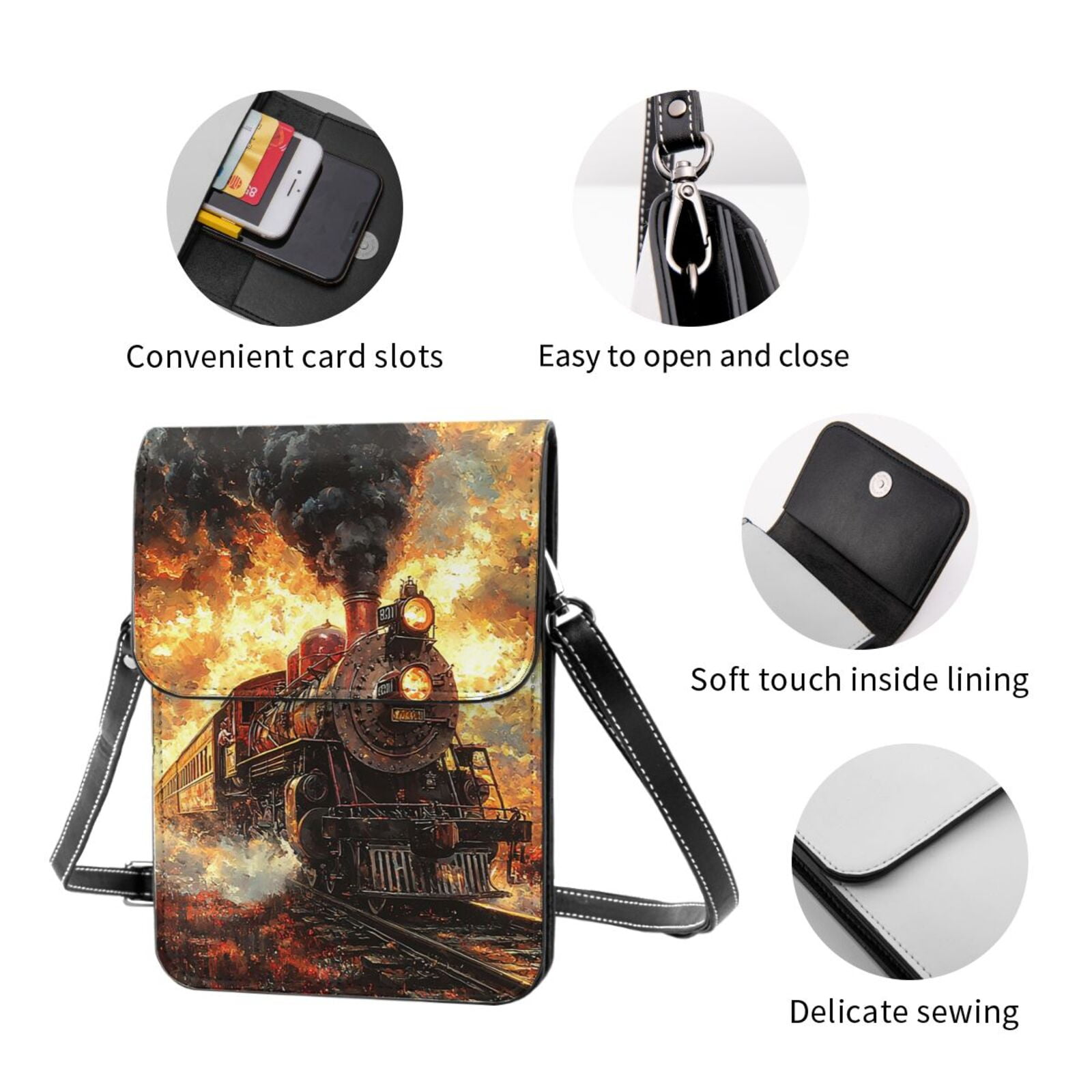 Retro Steam Train Vintage Cell Phone Purse Small Crossbody Bag with Strap Credit Card Slots Leather Shoulder Wallet for Women
