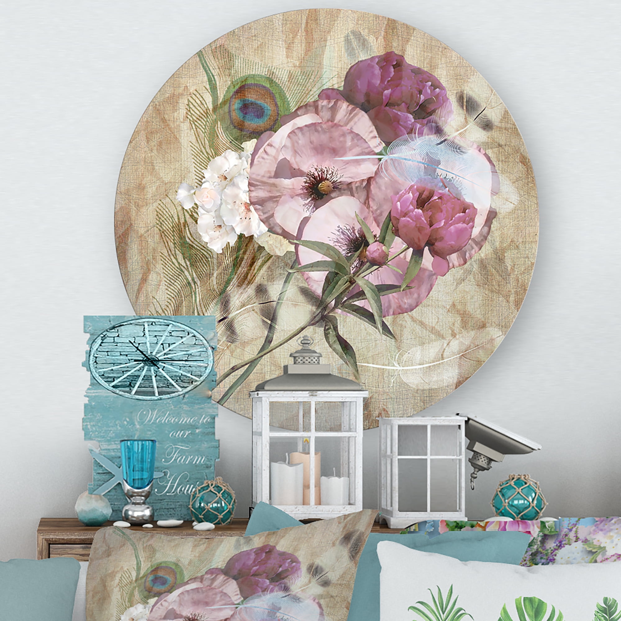 Designart 'Iris Bouquet Floral Design With Peacock Feather' Traditional Circle Metal Wall Art 23x23 - Disc of 23