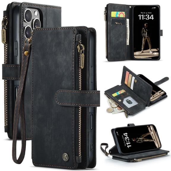 for iPhone 16 Pro Wallet Case with Card Slots, Zipper Pocket and Magnetic Flip Folio, RFID Blocking Card Holder Stand Leather Detachable Wristlet Strap 3-in-1 Case for Women and Men,Black
