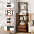 thumbnail image 4 of 5-Tier Ladder Shelf with 2 Drawers,Narrow Bookshelf Storage Shelves,Industrial Bookcase Freestanding Rack Units for Bedroom,Living Room,Bathroom,Home Office,Balcony,Wood Metal,Rustic Brown, 4 of 9