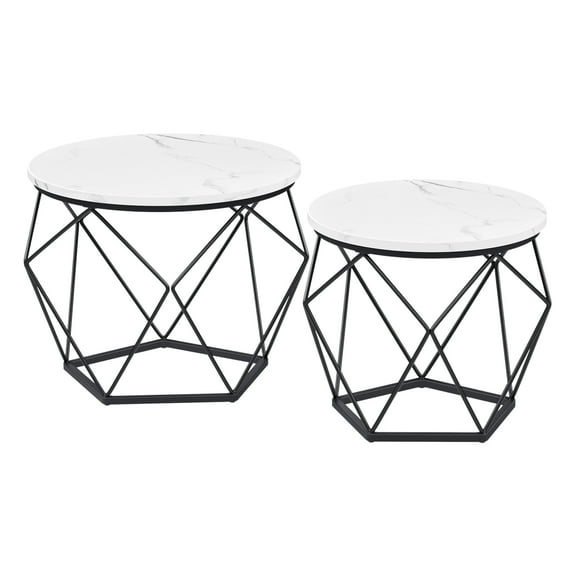 Small Coffee Table Set of 2 Round Coffee Table with Steel Frame Side End Table Marble White and Ink Black
