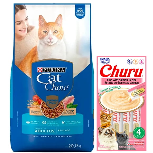 Cat Chow Adulto Pescado Defense Plus 20 kg + Churu Snack Salmon y Atun 14 g (4 Pzas.)