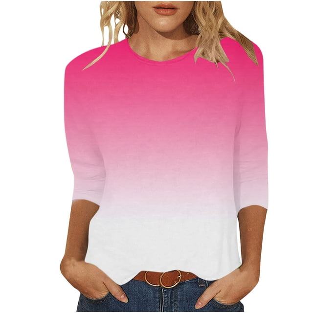 KIHOUT Hauts en Liquidation, Chemises à Manches 3/4 pour Femmes Mode Dégradé Imprimé T-shirt Ample Col Rond Blouse Tunique Hauts Chandails en Molleton
