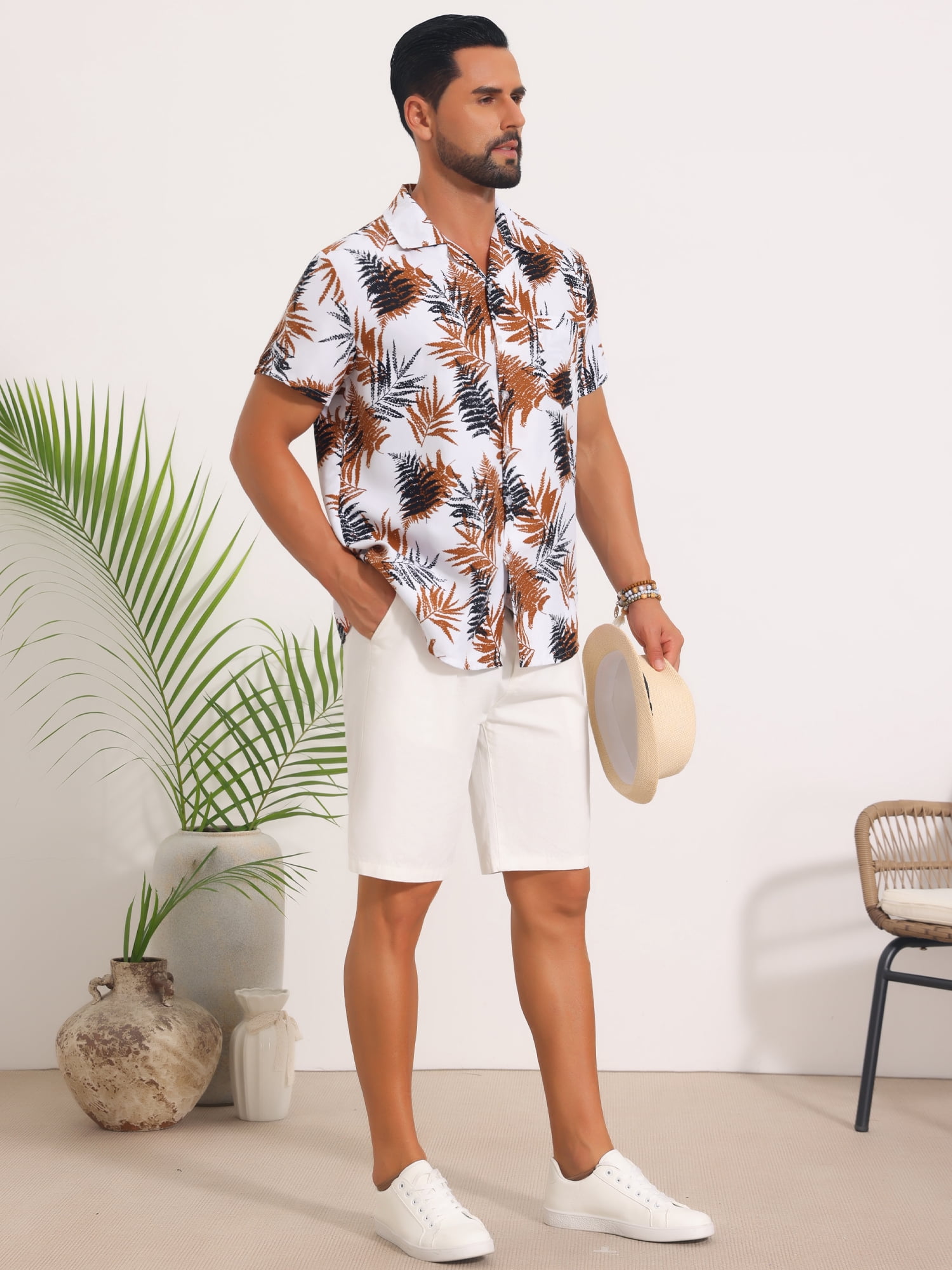 DARING DIVA Men's Short Sleeve Button Down Camp Collar Leaf Print Shirts XL White Brown
