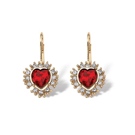 Heart Shaped Ruby Earrings - Simulated Red Ruby Heart-Shaped Halo Drop Earrings 5 TCW in Yellow Gold Tone