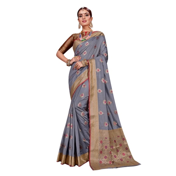 Sarees for Women Banarasi Art Silk Woven Saree | Ethnic Indian Wedding Gift Sari with Unstitched Blouse Gray
