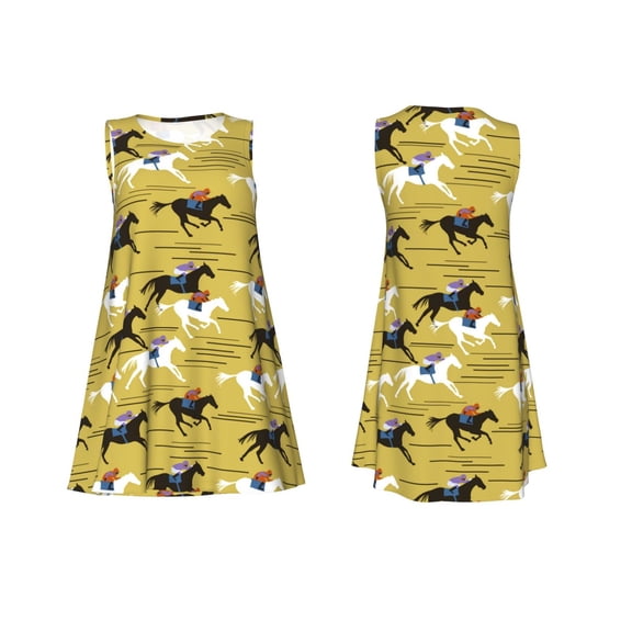 Horeoi Horsemen In Horseraces Print Women's Sleeveless Dress Cotton-like Flared Hem Deep Side Pockets Above-Knee