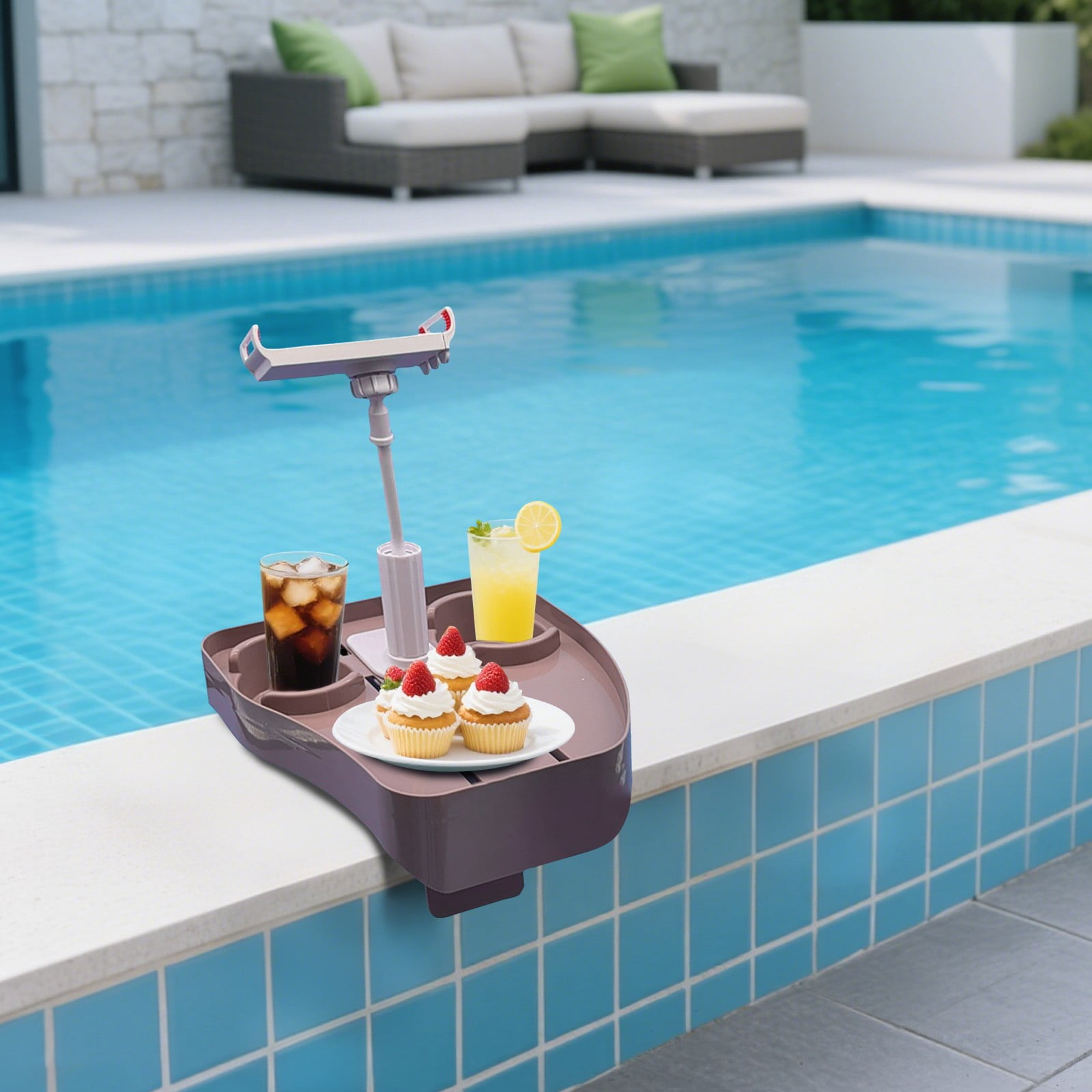 Multifunctional Above Ground Pool Cup Holder with Snack Tray, Adjustable Phone Holder Drink Holder, No Spill Pool Accessories for Most Framed Outdoor Swimming Pools