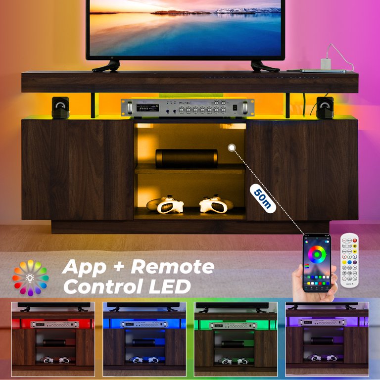 HOMMPA 75 Inch TV Stand With Power Outlets & LED Lights - Walnut Finish Media Console, 2 Cabinets, 5 Shelves