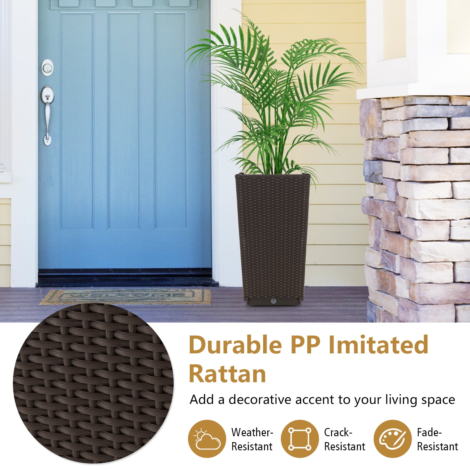 Costway 2PCS Outdoor Wicker Flower Pot 22.5''Tall Planters with Drainage Hole Coffee