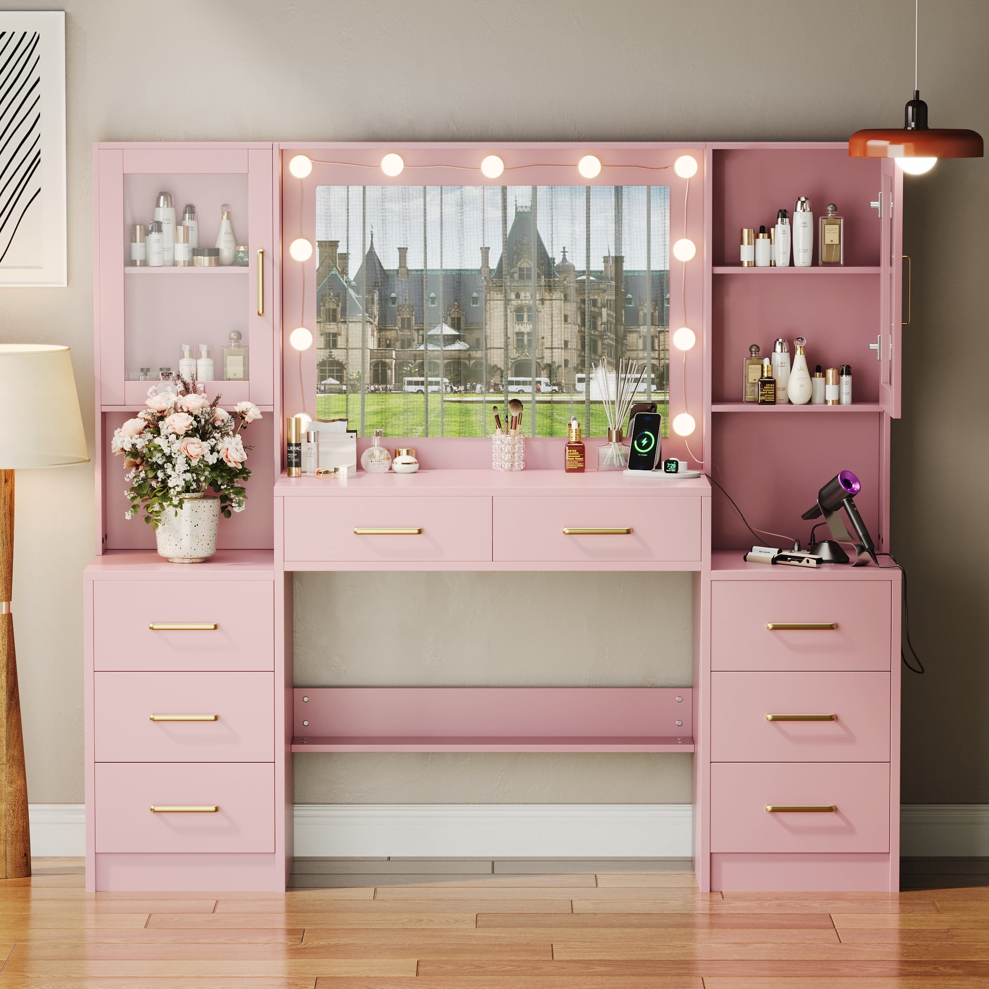 UGTOO Pink Vanity Desk with LED Lights – 8-Drawer Makeup Table, 2 Cabinets & Power Outlets (58.27"L x 15.75"W)