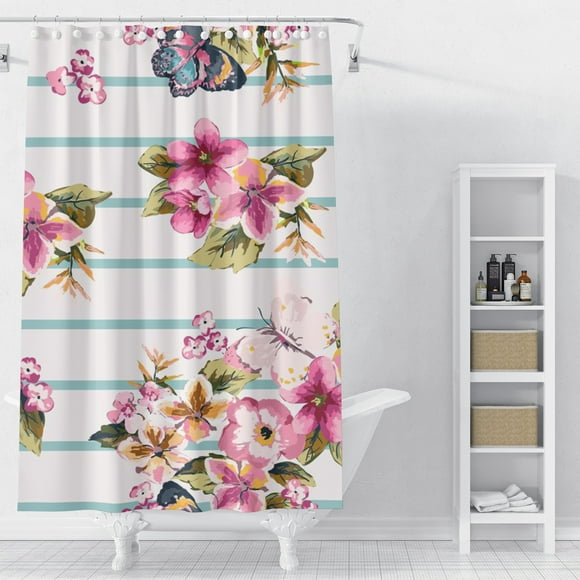 Watercolor Floral Shower Curtain,Blue Stripes Pink Sakura Butterfly Printed Bathtub Showers Waterproof Polyester Design Decorative Bathroom with 12 Hooks 72*72"