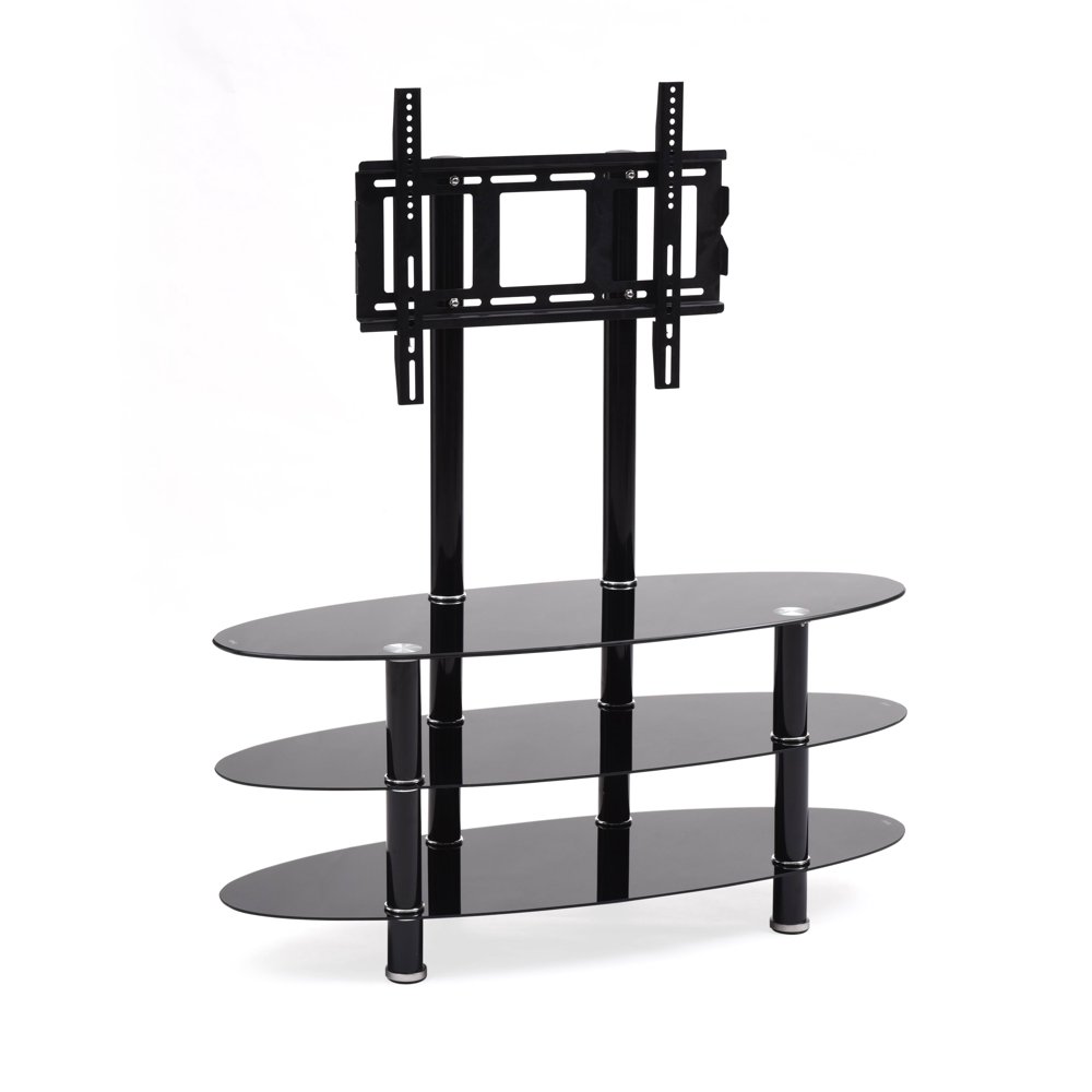 Hodedah Black 3Shelf Glass TV Stand with Mount for TVs up to 42