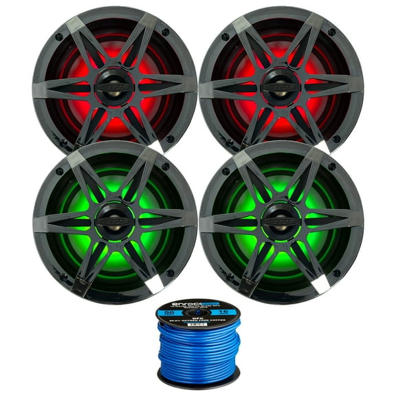 2 Pairs (QTY 4) of Enrock Marine 6.5" 4-Ohm 120 Watt Peak Power Waterproof 2-Way Coaxial Speakers with MultiColor LED Lighting - Bundle Combo with Chrome Grilles and 50Ft 16-Gauge Speaker Wire