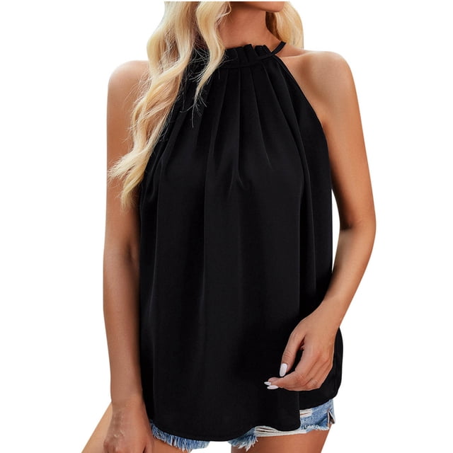 AherBiu Camisole Tops for Women Halter Neck Ruched Sleeveless Solid Color Loose Fitting Casual Vacation Tank Tops