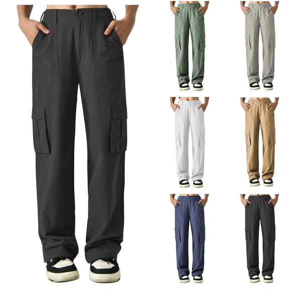 Cotton Cargo Pants with Multi Pockets for Women Baggy High Waisted Cargo Pant Gym Athletic Straight Leg Pants Casual Streetwear Trousers for Travel