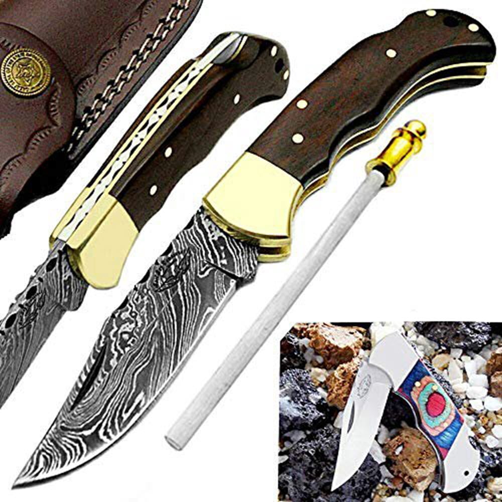 Best.Buy.Damascus1 Pocket Knife Set, Buffalo Horn Damascus Steel Hunting Knives, 3 in Blade, Black