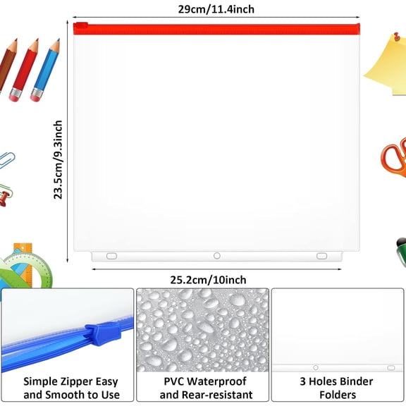 40 Pieces Binder Pockets 3 Hole Zipper Pouch 3 Ring A4 Pockets with Zipper Binder Folders Plastic Pouches Loose Leaf Bags Waterproof PVC Document Filing Bag (Colorful)