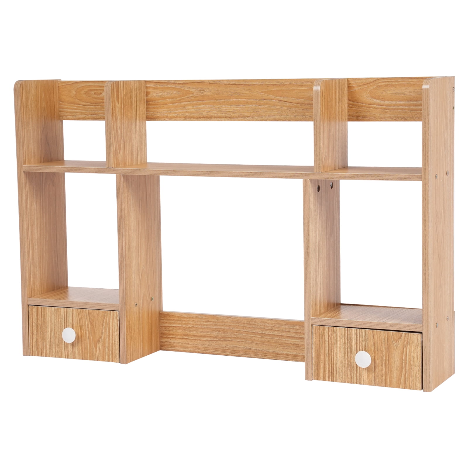 2 Drawers Desktop Storage Shelf Rack Office&Home Desk Hutch Books Display Shelf Rack Desk Shelf Desk Storage Organizer Bookshelf Wood Desk for Computer Desk - Rubber Wood Color