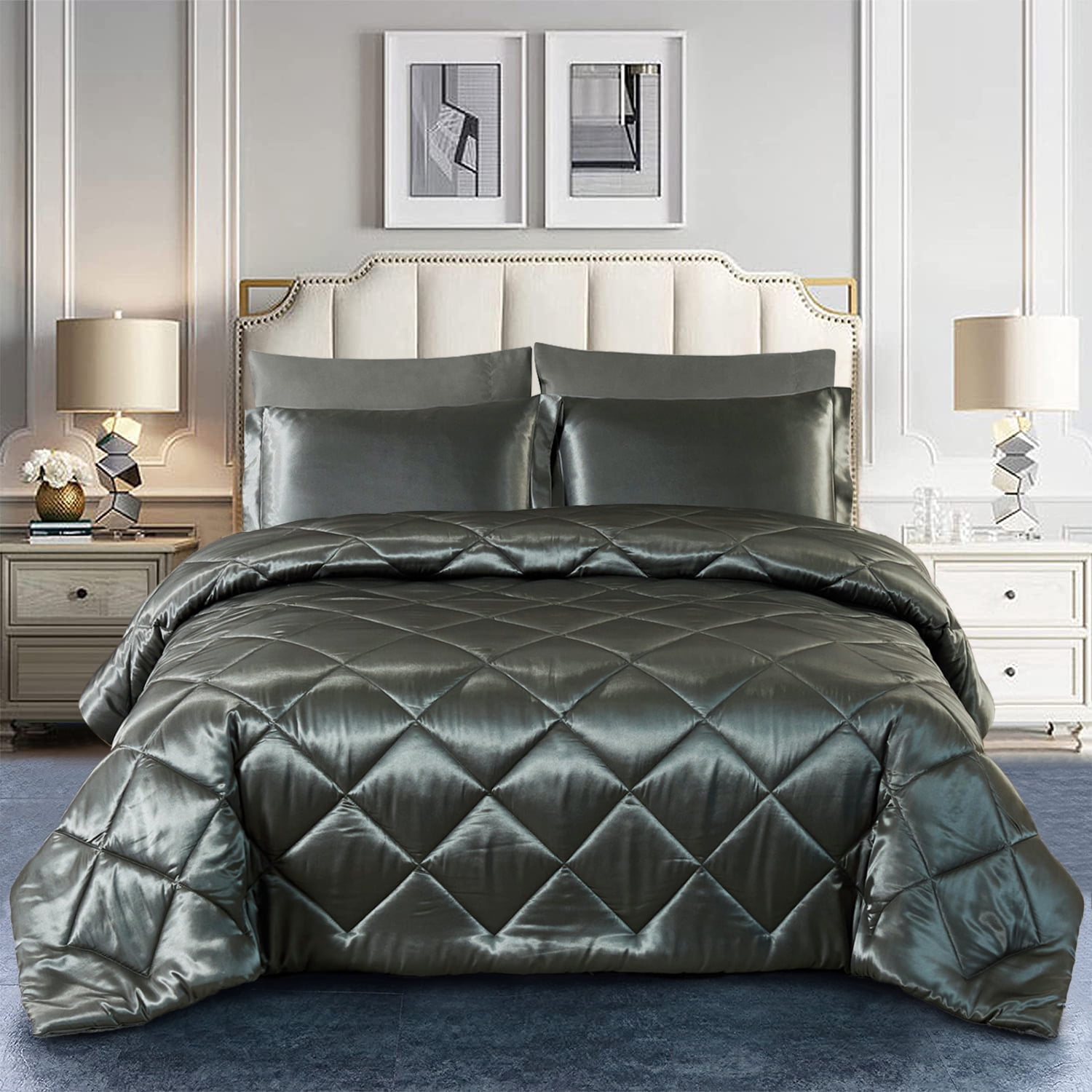 JML 6 Piece Silky Satin Bed in a Bag Comforter Set with Sheets,Twin, Dark Grey