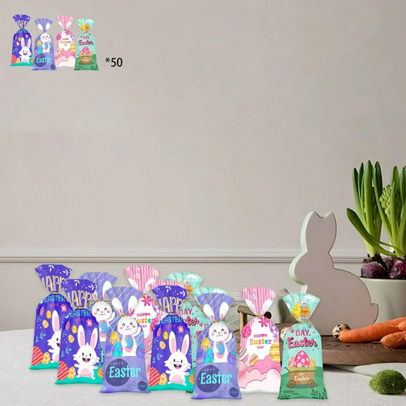 HongHeng 50 PCS Easter Cellophane Treat Bags with Twist Ties for Easter Candy Cookie Gift Egg Packing Bags Egg Hunt Decoration Suitable for Spring Egg Easter Party Supplies