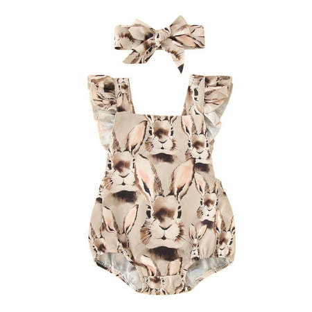 

PEASKJP Infant Girl Dresses Easter Newborn Infant Baby Girls Boys Bodysuits Rabbit Print Sleeveless Ruffled Bunny Romper