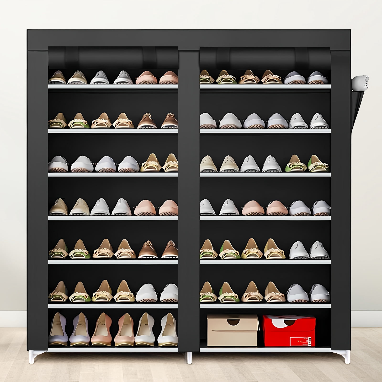 Double Row 7-Tier Shoe Rack with Dust Cover, Space-Saving Large Capacity Shoe Storage Cabinet, Easy Assemble Portable Organizer for Entryway, Home, Dorm