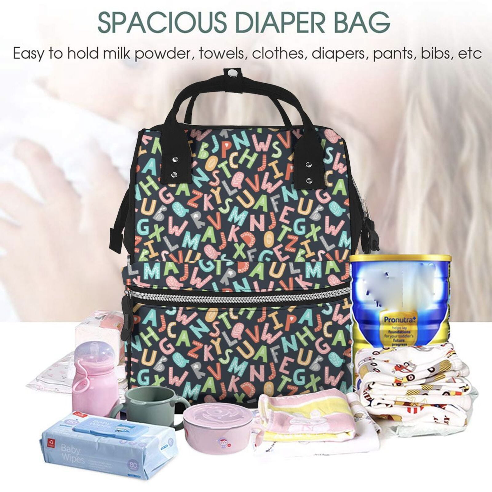 Ratiio Alphabet Mummy Backpack - Waterproof Twill Canvas, Large Capacity Diaper Bag with Multiple Pockets and Adjustable Straps
