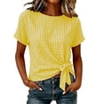 thumbnail image 5 of Women's Gingham Cotton Tops Summer Oversized Crew Neck Bow Tie Waist Blouse Fashion Casual Short Sleeve Daily Wear Shirt Yellow, 5 of 5