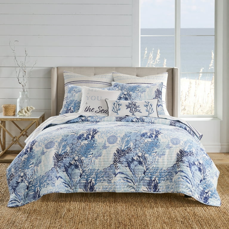 Levtex Home Reef Dream Quilt Euro Sham Stripes Blue Navy and White Quilt 26x26in. Reversible Cotton