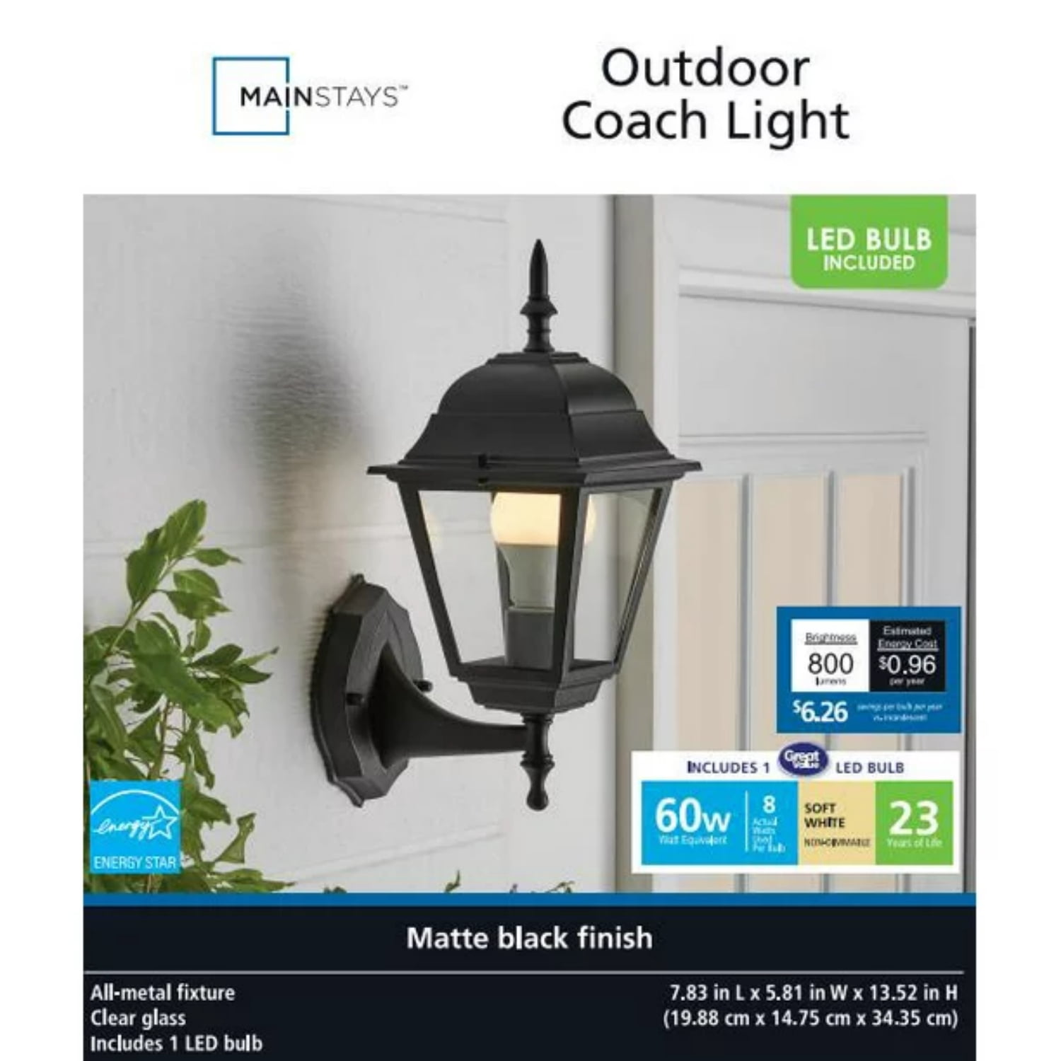 Mainstays Outdoor Coach Light Wall Sconce, Matte Black