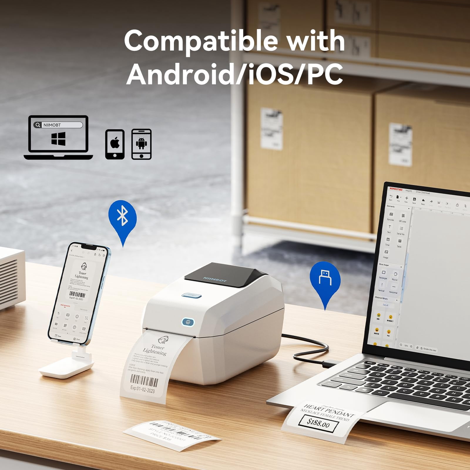 NIIMBOT Thermal Label Printer, 3" Bluetooth Label Printer for Business And Industry,Printing Pictures, Text, Barcodes, Support Bluetooth/USB/wifi(Whtie)