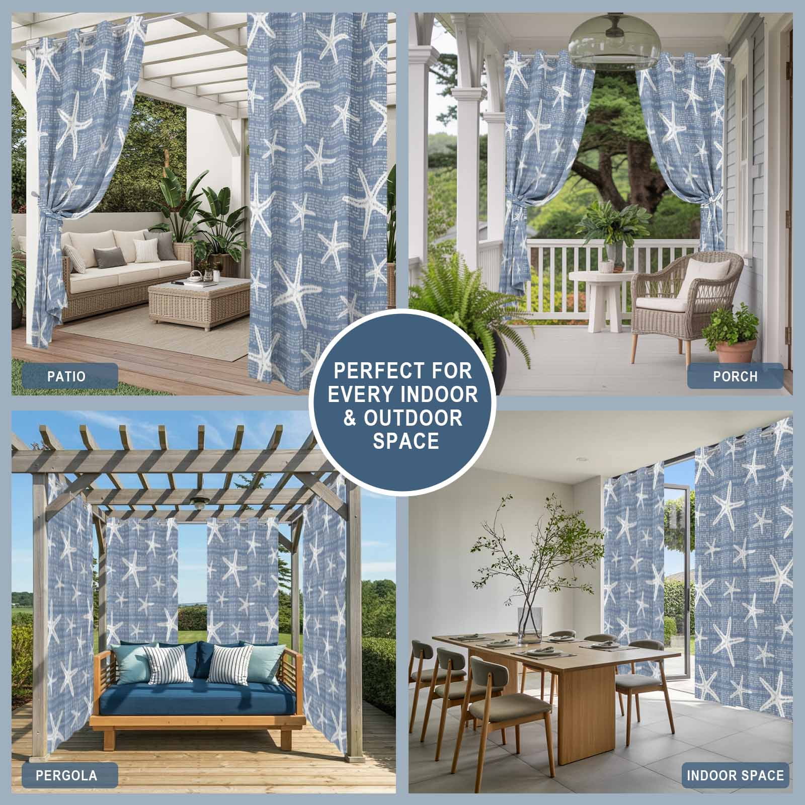 Blue Starfish Coastal Outdoor Curtains for Patio, Beach Summer Nautical Sea Ocean Sunshade Privacy Drapes Grommet Waterproof Outside Curtains for Porch/Cabana/Balcony 54"x 108", 2 Panel