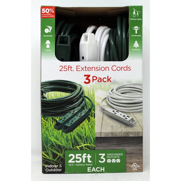 Jasco 25ft Extension Cords 3 Pack Grounded Outlets